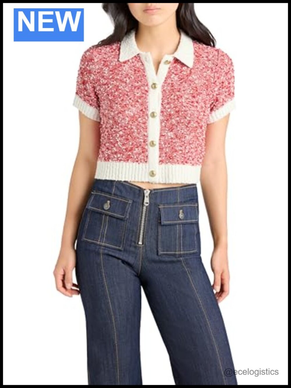 Lightweight Tweed Cropped Cardigan Short Sleeve Button Front